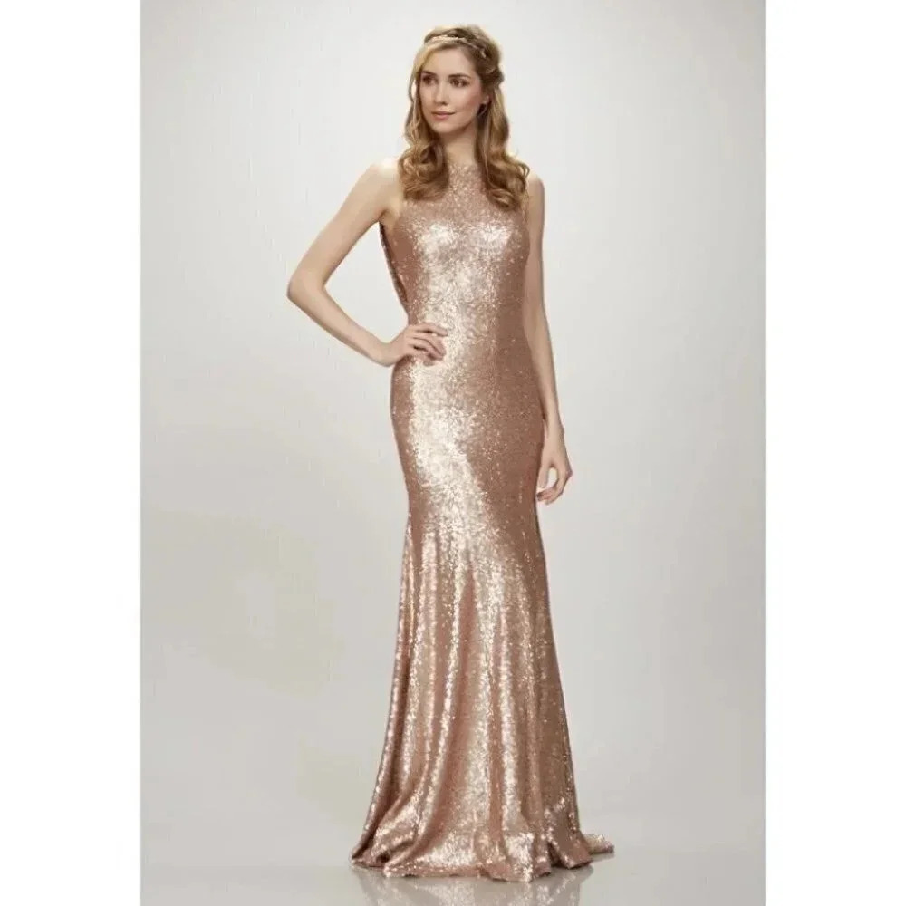 NWT Theia Gemma Sequin High-Neck Formal Max Dress Rose Gold 0 - Picture 4 of 10